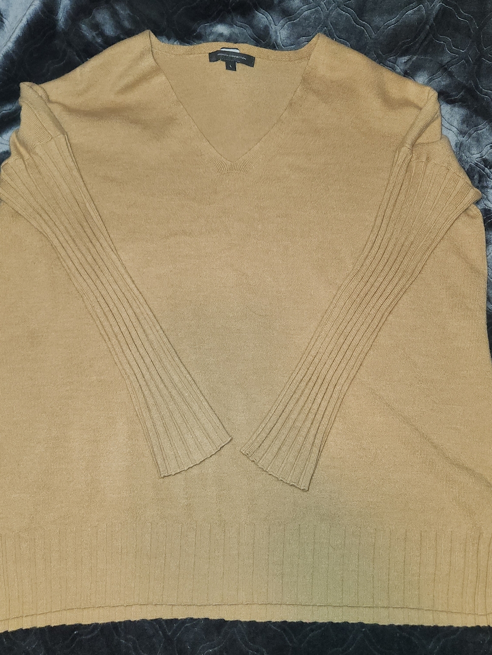 French Connection Camel V-Neck Ribbed Sleeve Sweater